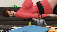 sleeping butt huge_breasts brunette red_hair short_hair reaching tie shrunken_man indoors sweater belt thick_thighs digital_render heavy_eyeshadow