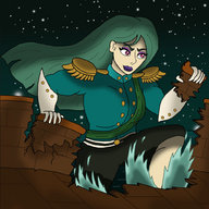 drawing giantess long_hair destruction clothed water red_eyes green_hair pants night outdoors military_uniform dredgone