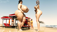 bikini nude black_hair long_hair butt huge_breasts mini_giantess pool giantesses outdoors grey_hair thick_thighs digital_render dinner-kun