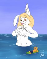 giantess furry anthro blonde long_hair tongue water lying_down surfboard holding_breasts cupping_breasts between_breasts