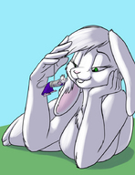 drawing giantess white_hair furry anthro bunny green_eyes mouse lying_down bondage looking_down no_background head_in_hand foxenawolf
