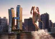 bikini giantess collage city mega long_hair butt destruction water buildings brunette train bending_over walking grabbing outdoors redcoffee1