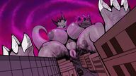 drawing giantess pussy dragoness city mega buildings huge_breasts sitting surprised vehicles smoke outdoors legs_spread mouth_open