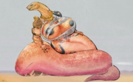 drawing giantess mega color huge_breasts desert outdoors snake_girl necklace ripped_clothing thick_thighs pyramids fracshun