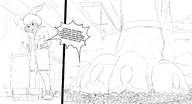 drawing furry city monochrome destruction bunny short_hair xtreme7 looking_down sneakers dialogue micro_city lab_coat discarded_shoes beaker lasses