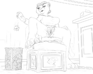 drawing furry anthro city monochrome large_breasts destruction short_hair sitting foot_crush bottomless xtreme7 looking_down trash legs_spread micro_city