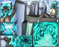 drawing vore furry anthro city large_breasts saliva blue_hair sitting mawshot medium_length_hair looking_down open_mouth outdoors long_tongue point_of_view internals