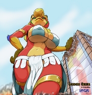 drawing giantess furry anthro city blonde color destruction buildings green_eyes huge_breasts low_angle short_hair walking gryphon outdoors ken_sample point_of_view bikini_top t-bone thick_thighs robomax bare_legs emma_(t-bone)