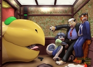 drawing giantess vore furry anthro color tongue clothed gun wet trapped bird gryphon panic indoors ken_sample imminent_vore beak t-bone elevator robomax backing_away reaching_forward emma_(t-bone)