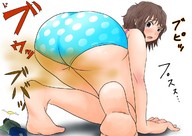 drawing giantess panties blushing color butt brunette brown_eyes embarrassed short_hair fart bending_over japanese_text passed_out no_background