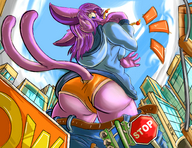 drawing giantess pokemon panties furry anthro city color long_hair butt buildings purple_hair espeon outdoors looking_back big_butt hoodie sabrina pants_down bobbyrogers largelifedragon arkenshire