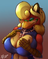 drawing furry anthro blonde long_hair clothed bunny cleavage green_eyes huge_breasts smiling belly looking_down gryphon necklace t-bone no_background skimpy_clothing human_necklace between_breasts emma_(t-bone)