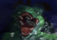 drawing giantess furry anthro mega color ocean green_eyes underwater open_mouth battleship aircraft_carrier imminent_vore t-bone scalie green_skin robomax anita