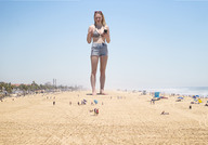 collage blonde long_hair clothed beach barefoot phone shorts looking_down sunglasses outdoors bikini_top crowds sophie_turner