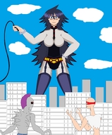 drawing giantess city black_hair large_breasts long_hair buildings glasses green_eyes hand outdoors whip bracelet skintight_clothing