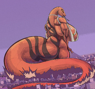 drawing giantess city mega color tongue butt destruction huge_breasts looking_down long_tongue snake_girl thick_thighs fracshun