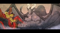 giantess furry dragoness horns tail wings anthro city mega blonde large_breasts long_hair butt destruction huge_breasts multiple_sizes smoke scalie thick_thighs
