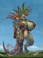 drawing giantess furry anthro huge_breasts mountains outdoors forests body_paint scalie thick_thighs headdress
