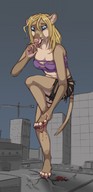drawing giantess crush furry anthro city blonde long_hair tongue blood paws foot_crush death looking_down vehicles night dripping ripped_clothing running_away sofia.exe