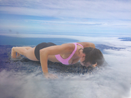 giantess collage mega black_hair long_hair barefoot cleavage ponytail shorts sports_bra cloudy cracked_ground exercising