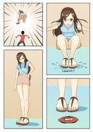 drawing crush panties feet upskirt comic long_hair clothed toes glasses brunette sandals foot_crush shrunken_man looking_down pink_nails jumping nail_polish panels imminent_crush