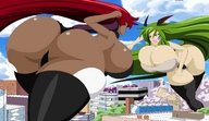 drawing city long_hair red_eyes huge_breasts angry green_hair red_hair fighting open_mouth giantesses smoke outdoors big_butt thick_thighs impending_doom