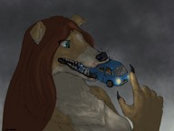 drawing vore furry anthro long_hair blue_eyes blood brunette biting hard_vore looking_down vehicles imminent_vore no_background