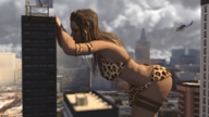 bikini city mega long_hair clothed buildings brunette bending_over searching digital_render amgipi high_rise