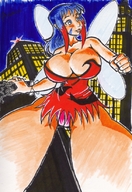 drawing giantess panties wings upskirt destruction blue_hair huge_breasts fairy low_angle nel night outdoors