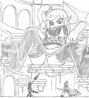 drawing giantess panties monochrome large_breasts clothed socks ponytail lying_down sitting fangs looking_down thigh_highs legs_spread