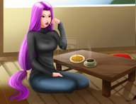 drawing vore color long_hair tongue clothed licking purple_hair sitting rider shrunken_man open_mouth pants fate/stay_night imminent_vore turtleneck migs308 pinched long_sleeves fate_(series)