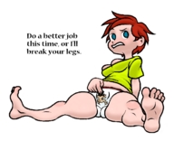 drawing giantess panties large_breasts barefoot red_hair short_hair sitting shirt legs_spread dialogue looking_away threatening no_background tornadotitan pressed_against_panties