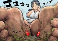 drawing city black_hair color destruction blue_eyes barefoot sitting foot_crush dirty_soles bakugeki_no_g
