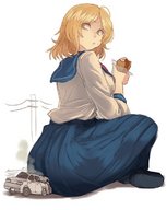 drawing giantess crush blonde color butt skirt butt_crush shoes short_hair sitting medium_length_hair unaware eating vehicles outdoors sandwich looking_back annoyed utopia no_background schoolgirl_outfit