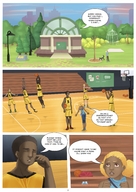 drawing blonde comic basketball shorts unaware dark_skin looking_up indoors orange_eyes dialogue panels gym ayami6 jersey minor_league