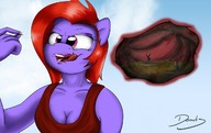 drawing furry anthro large_breasts in_stomach cleavage blood smiling red_hair short_hair stomach x-ray licking_lips purple_skin my_little_pony imminent_vore made-in-donuts