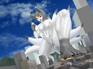 crush nude pussy furry anthro city black_hair long_hair destruction wet brown_eyes muscles kitsune open_mouth outdoors multiple_tails solutionwcs