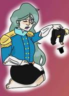 drawing long_hair barefoot skirt gloves green_hair sitting military_uniform no_background pinched top_hat one_eye_closed