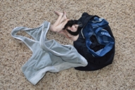 collage nude black_hair long_hair sitting looking_up 8urst discarded_clothing