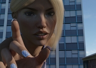 giantess city blonde long_hair buildings hand reaching looking_down outdoors point_of_view looking_at_viewer blue_nails digital_render