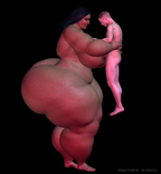black_hair long_hair huge_breasts smiling mini_giantess bbw hugging holding brothervirgil big_butt thick_thighs no_background digital_render