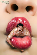 collage vore black_hair wet saliva angry short_hair shrunken_man open_mouth screaming imminent_vore pursed_lips