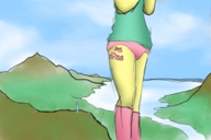 drawing giantess panties anthro color long_hair butt butt_crush socks pink_hair sitting animation outdoors shirt my_little_pony fluttershy rainbow_dash yellow_skin
