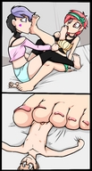drawing blushing barefoot glasses bed foot_worship sitting shorts shrunken_man giantesses pinned under_foot dyed_hair hairband footjob jj-psychotic licking_feet toejob