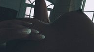 lying_down unaware shrunken_man dark_skin indoors point_of_view mike973 digital_render between_breasts