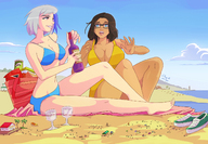 bikini drawing giantess white_hair large_breasts beach barefoot glasses brunette sitting bottle looking_down giantesses outdoors crowds discarded_shoes angelgts