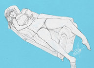 drawing panties sleeping monochrome black_hair long_hair bra socks lying_down closed_eyes ripped_clothing no_background