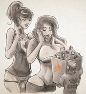 drawing panties monochrome large_breasts long_hair smiling ponytail mini_giantess thong underboob closed_eyes top