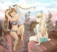bikini drawing giantess city blonde long_hair helicopter brunette ponytail sitting giantesses smoke outdoors maid_headdress skinnychimp