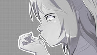 drawing blushing monochrome long_hair clothed handheld shrunken_woman looking_down pursed_lips